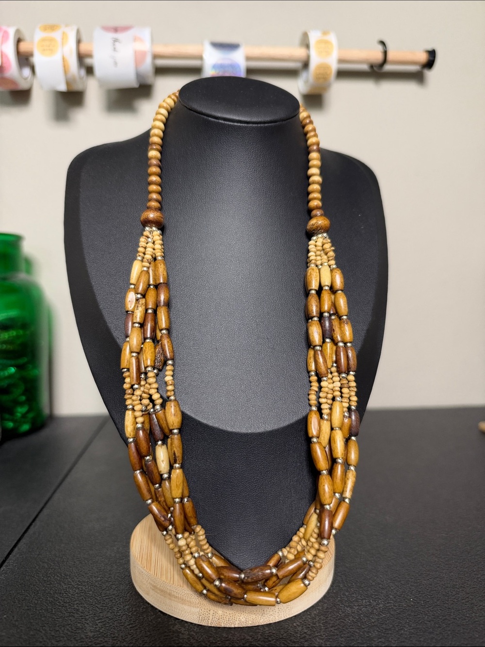 Handcrafted Multi-Strand Wooden Bead Necklace - Natural Brown